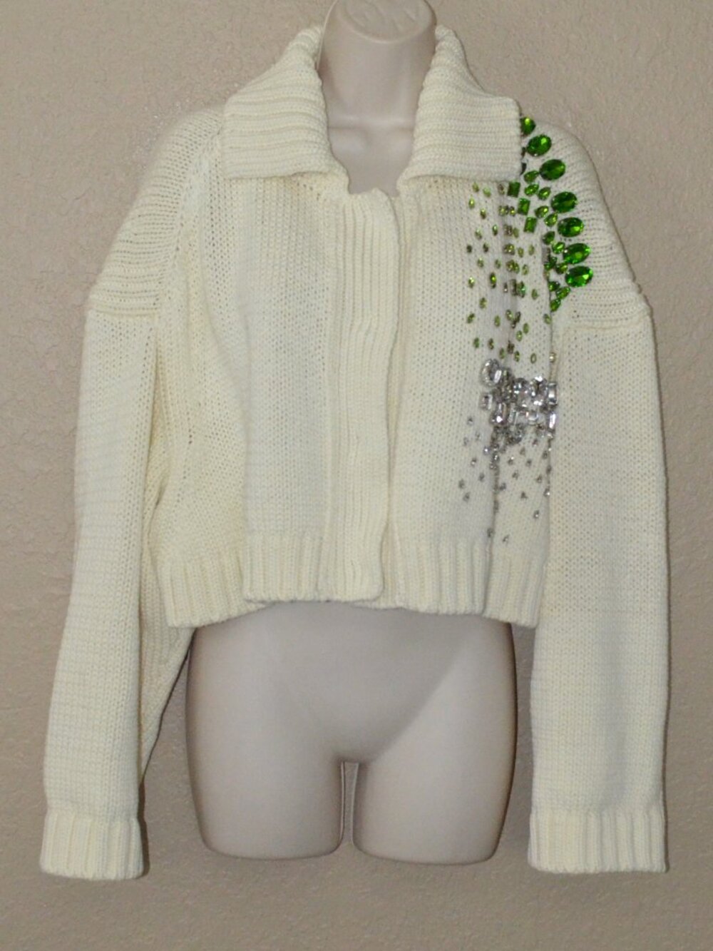 NWOT S N°21 No21 Cream Heavy Knit Cropped Crystal Embellished Cardigan Sweater